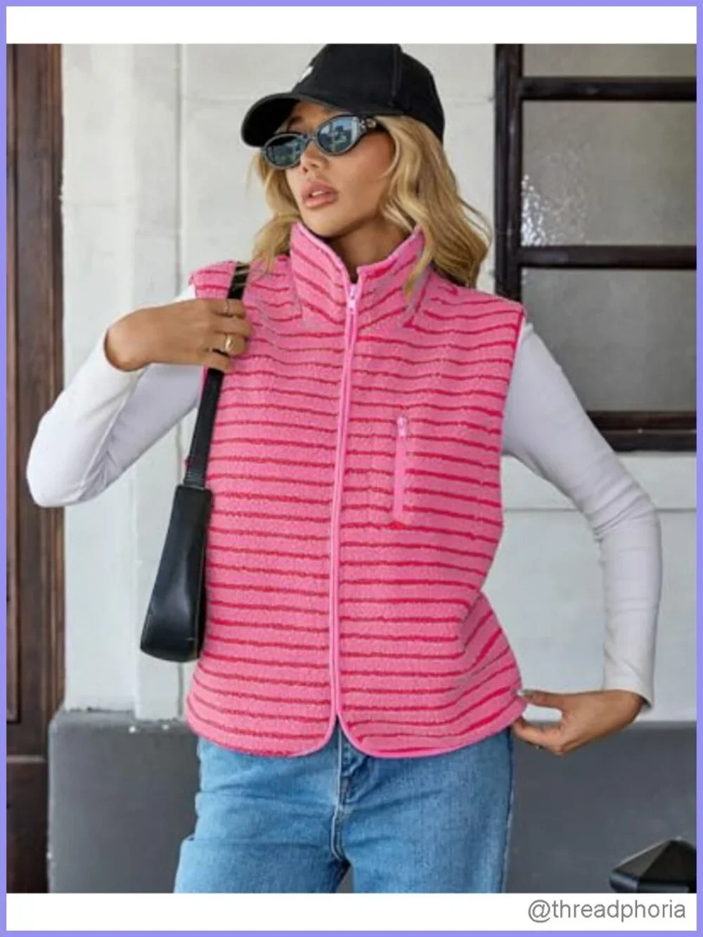 Women's Striped Fleece Sleeveless Vest High Neck Zipper Sherpa-Lined Pockets